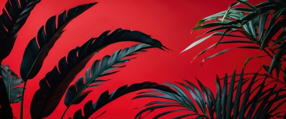 Aufkleber - Tropical leaf silhouettes against a vibrant red background creating a striking contrast for modern design and aesthetic purposes.