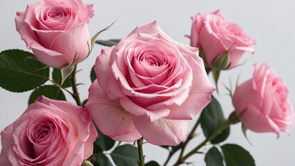 Poster - Five delicate pink roses with lush green leaves arranged beautifully on a soft white background showcasing elegance and natural beauty