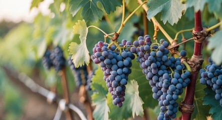 Poster - Bunches of Ripe Purple Grapes on Vine Surrounded by Green Leaves With Empty Space for Text in a Vineyard Setting