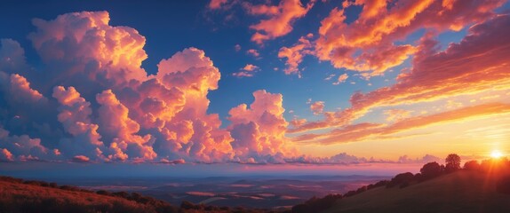 Aufkleber - Vibrant sky and clouds illuminated by golden hour sunset over rolling hills and valleys creating a serene landscape atmosphere.