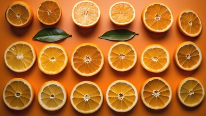 Aufkleber - Arrangement of fresh orange slices on a vibrant orange background with green leaves highlighting their juicy texture and color.