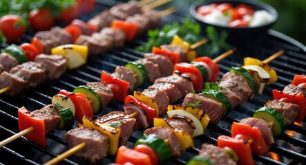 Poster - Grilled Meat And Vegetable Skewers On Barbecue With Fresh Ingredients And Space For Text Or Menu Design