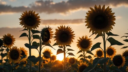 Poster - Sunflower Silhouettes Against a Colorful Sunset with Space for Text or Branding Safe Area
