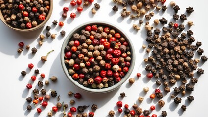 Poster - Assorted colorful peppercorns in bowls and on a white background showcasing variety and texture from an overhead view.