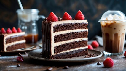 Poster - Chocolate Layer Cake Slice with Raspberries and Iced Coffee on Wooden Table Delicious Dessert Scene for Indulgent Treats and Celebrations
