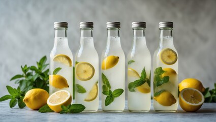 Aufkleber - Refreshing lemonade bottles garnished with lemon slices and mint leaves on a textured surface with empty space for creative text addition.