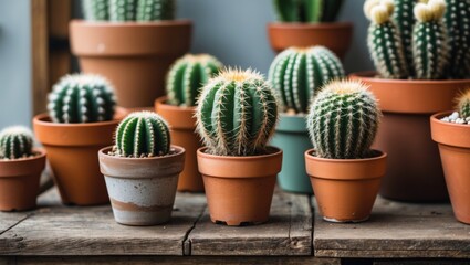 Poster - Cacti in terracotta pots displayed on a wooden table showcasing house plant gardening and vibrant indoor decor