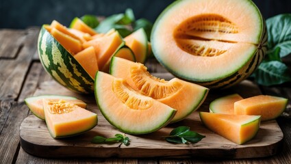 Aufkleber - Freshly Cut Ripe Melon Slices Displayed on Wooden Cutting Board with Half Melon and Green Leaves in Natural Light Setting.