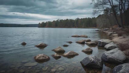 Aufkleber - Calm Lake Shoreline with Rocks Under Overcast Sky Offering Tranquility and Space for Text in Nature Setting