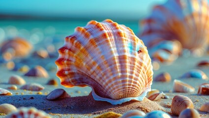 Poster - Vibrant seashell on sandy beach with colorful textures and soft focus background creating a serene coastal atmosphere.