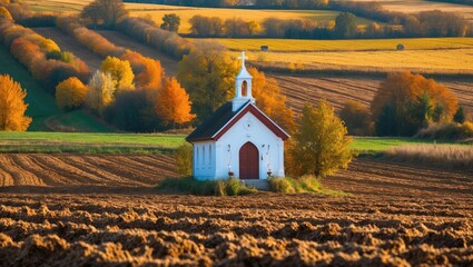 Poster - Small white chapel surrounded by autumn fields with plowed farmland and vibrant fall foliage in a serene rural landscape.