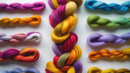 Aufkleber - Vibrant assortment of colorful wool threads arranged neatly on a white background showcasing a variety of textures and hues for crafting projects.