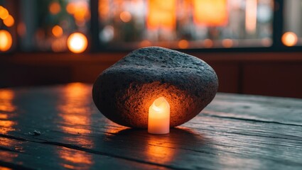 Poster - A large pebble stone illuminated by warm orange light from a candle on a rustic wooden table in a cozy atmosphere.