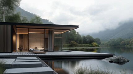 Poster - A minimalist house overlooking a tranquil lake