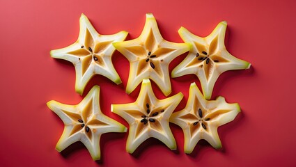 Aufkleber - Sliced Carambola Starfruit Arranged on Red Background with Space for Text Perfect for Tropical Food Promotions or Healthy Eating Concepts