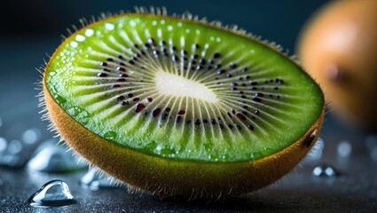 Aufkleber - Fresh kiwi fruit slice with vibrant green flesh and black seeds on a textured surface, highlighting droplets of water for a refreshing appearance.