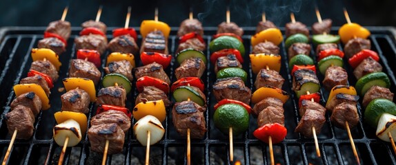 Poster - Grilled meat and vegetable skewers on barbecue with smoke and empty space for text for food promotion or recipe design.