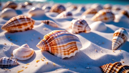Poster - Seashells scattered on sunlit white sand beach creating a serene coastal atmosphere perfect for summer relaxation and nature exploration.