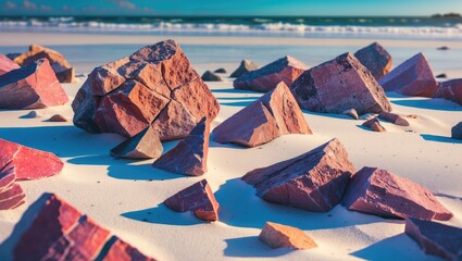 Poster - Colorful rock shards scattered on a pristine white sand beach with gentle ocean waves in the background under a clear blue sky.