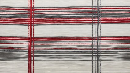 Poster - Textured silk fabric with white base featuring red and gray narrow striped lines creating a modern and elegant pattern design.