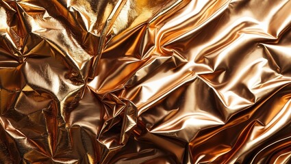 Poster - Glossy metallic surface texture in warm golden hues with intricate wrinkles suitable for decorative design and artistic backgrounds.