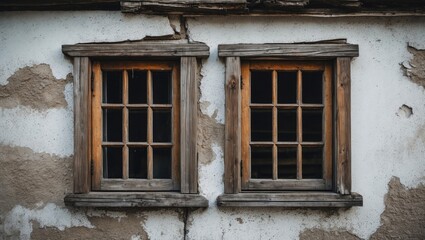 Poster - close up of vintage wooden windows with rustic frames on a textured wall showcasing aged paint and a