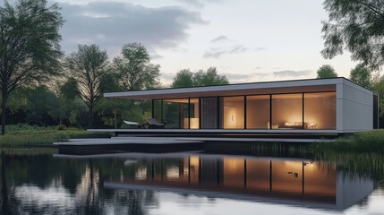 Poster - A minimalist house overlooking a tranquil lake