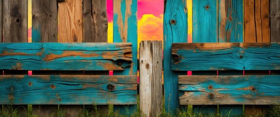 Poster - Vibrant abstract wooden fence with colorful planks and a sunset background offering a unique rustic aesthetic for artistic projects.