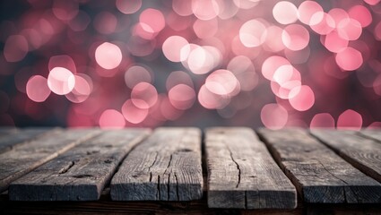 Poster - Rustic wooden table with a soft pink bokeh background creating an inviting atmosphere for product displays or romantic settings