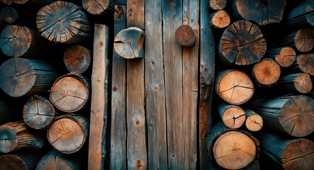 Poster - Wooden logs and planks stacked together creating a rustic and textured background for use in design and decoration projects.