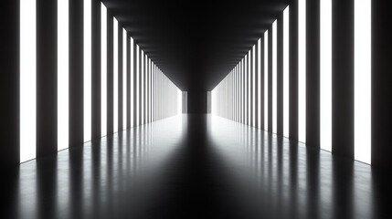 Poster - Abstract dark corridor with bright white light panels modern architecture interior design space lines