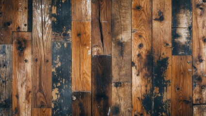 Poster - Textured wooden floor background showcasing aged wood planks with varying tones and imperfections for interior design and renovation concepts.
