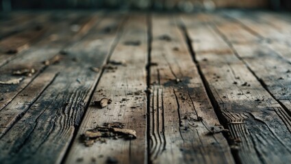 Poster - weathered wooden floor surface with grunge details and dirt captured through shallow depth of field 