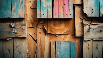 Poster - Textured background of aged plywood boards with visible cracks and colorful paint remnants highlighting rustic charm and weathered character.