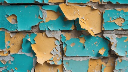 Poster - Weathered Peeling Paint Texture on Wall with Turquoise and Yellow Colors