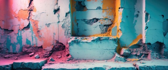 Poster - Abstract textured background of an aged cement wall with colorful peeling paint and cracks showcasing decay and urban decay aesthetics.