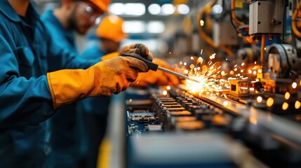 Poster - high-speed train concept design in a modern manufacturing workshop setting with engineers and sparks