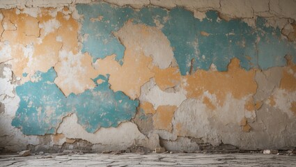 Poster - Textured wall with peeling paint in soft hues of blue and orange creating a vintage and rustic background for artistic applications.