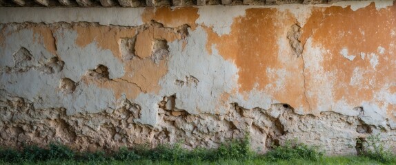 Poster - Textured weathered wall with peeling paint showcasing corrosion and rough plaster in a natural grassy setting.