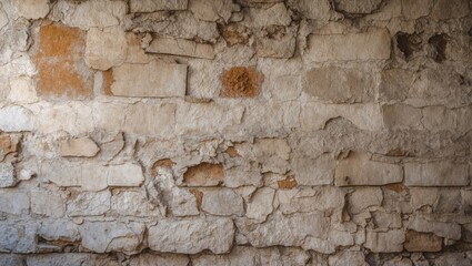 Poster - Textured stone wall with peeling plaster showcasing weathered details in a rustic urban setting for architectural and design backgrounds