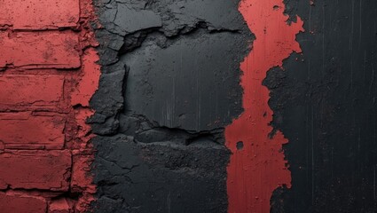 Poster - Abstract textured wall with black and red paint peeling, showcasing a gritty urban aesthetic perfect for backgrounds and artistic designs.