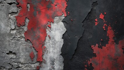 Poster - Abstract grunge wall texture in black and red with peeling paint and a light white gradient background for artistic or design projects.