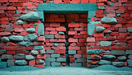Poster - Abstract wall composition featuring a blend of stones and red bricks intertwined with lime and cement textures in vibrant colors.