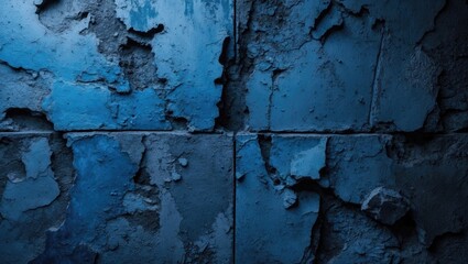 Poster - Textured blue cement wall with cracked surface showcasing an abstract design against a gradient black background for artistic or architectural use.