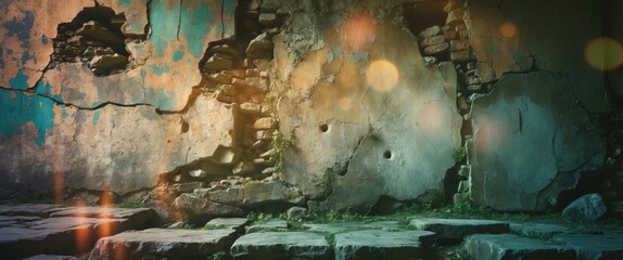 Poster - Weathered Stone Wall Background with Cracks and Moss Highlights Ideal for Textured Design Projects and Vintage Aesthetic Themes
