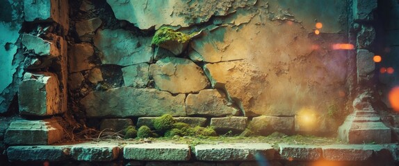 Poster - Textured Ruined Wall with Green Moss and Vibrant Bokeh Accents in an Atmospheric Setting for Background or Texture Use