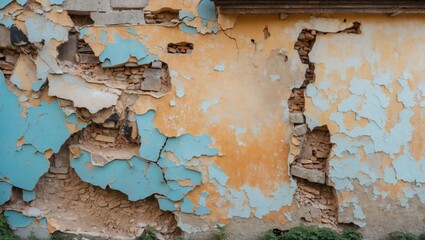Poster - Peeling Paint and Cracked Texture of an Old House Wall Revealing Layers and Historical Wear