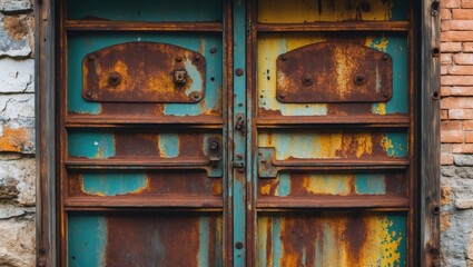 Poster - Rusty vintage steel door with peeling paint and weathered textures against a stone wall, showcasing a blend of history and industrial style.