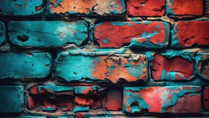 Poster - Vintage cracked brick wall texture in vibrant colors for artistic backgrounds and design projects. Ideal for creative and retro themes.