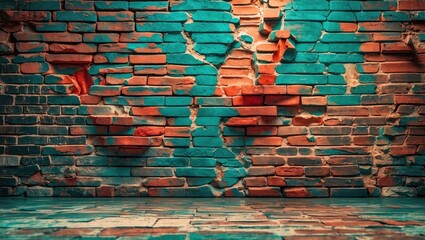 Poster - Retro textured brick wall with vibrant colors and cracks ideal for artistic backgrounds and design projects.